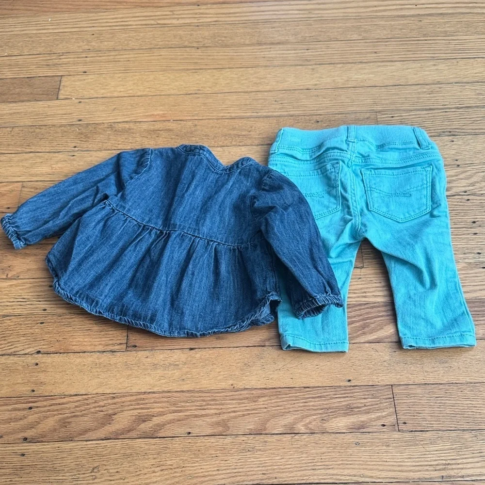 GAP Baby Denim Blue Top and Aqua Pants Size 3-6 months